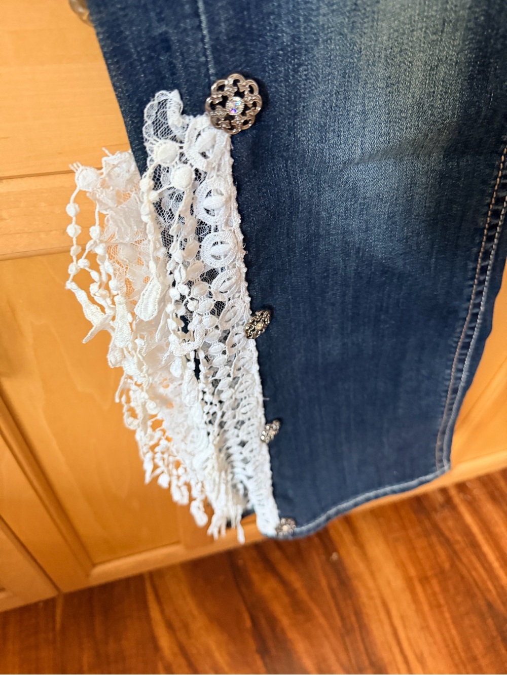 Able Blue Boot-Cut Jeans with White Lace Trim & Decorative Buttons